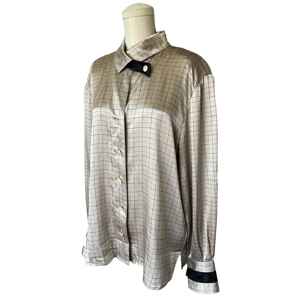 Vintage Jon Tagia Pret-a-porter Greige Black Orange Stripes Silk Blouse Size 8